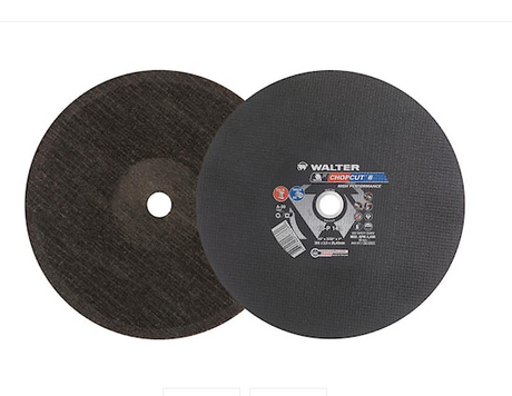 Deux meules à tronçonner noires de 14 pouces avec centre en métal, une avec étiquette Walter XPRS.