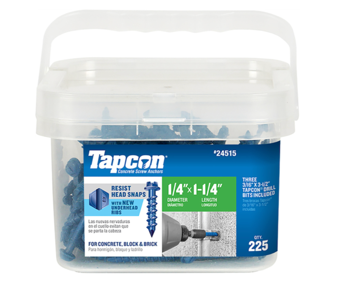 Boîte de 225 vis Tapcon de 1/4" x 1-1/4" pour béton, avec nervures sous la tête pour éviter la rupture, conçue pour la fixation dans le béton, les blocs et la brique.