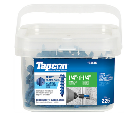 Boîte de 225 vis Tapcon de 1/4" x 1-1/4" pour béton, avec nervures sous la tête pour éviter la rupture, conçue pour la fixation dans le béton, les blocs et la brique.