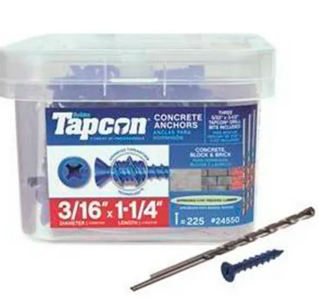 Boîte de 225 vis Tapcon bleues de 3/16" x 1-1/4" pour béton, incluant foret assorti, conçue pour l’ancrage dans le béton, le bloc de béton et la brique.