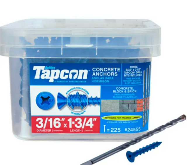 Boîte de 225 vis Tapcon bleues de 3/16" x 1-3/4", avec technologie de filetage avancé, incluant forets, conçue pour l’ancrage dans le béton, le bloc et la brique.