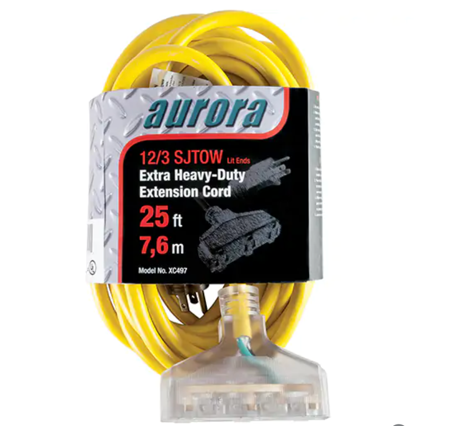 Cordon rallonge en vinyle avec indicateur lumineux, Extérieur, SJTOW, AWG 12/3, 15 A, 3 prise(s) jaune robustes 7,6 m.