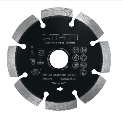 Lame diamantée noire avec segments argentés et inscriptions blanches Hilti, 4 1/2 pouces.