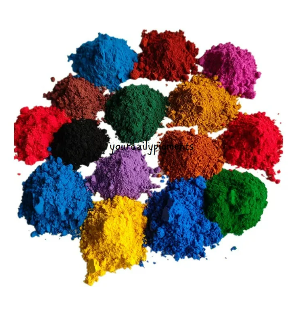 Colorant à Mortier (prix et délai sur demande) en poudre pigmentée multicolore pour usage en construction et décoration.