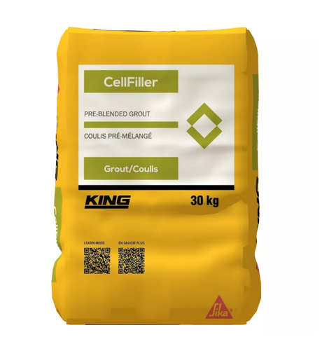 Sac jaune de coulis pré-mélangé King CellFiller de 30 kg, avec étiquette verte et blanche indiquant « Grout/Coulis » et les mentions en anglais et français. Logos King et Sika visibles au bas du sac.