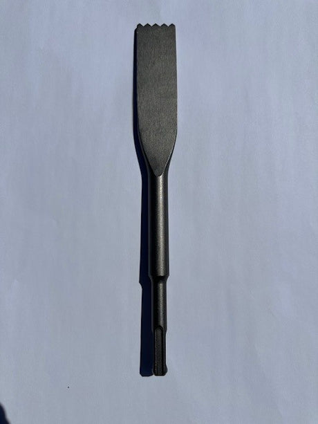 Black metal SDS Plus chisel tool with 1-1/16" wide flat blade and grooved tip.