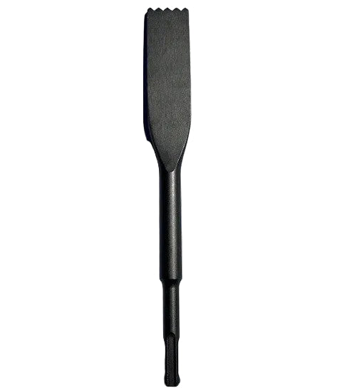 Black metal SDS Plus chisel tool with 1-1/16" wide flat blade and grooved tip.