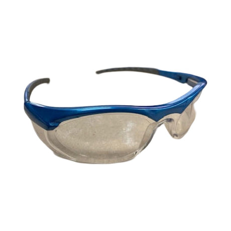 Lunettes de sécurité avec monture bleue et verres transparents légèrement teintés, conçues pour la protection des yeux en milieu de travail.