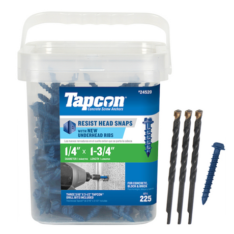 Boîte de 225 vis Tapcon bleues de 1/4" x 1-3/4" avec trois forets inclus, nervures renforcées sous la tête pour éviter la casse, conçues pour le béton, le bloc et la brique.