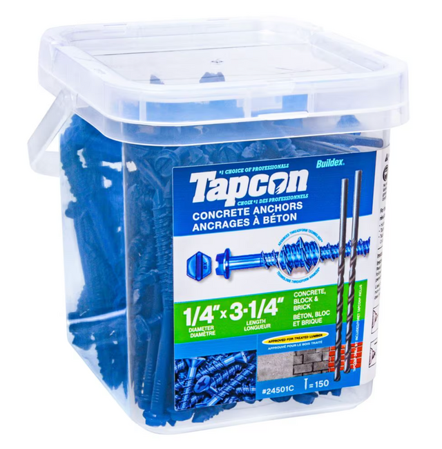 Boîte de 150 vis Tapcon bleues de 1/4" x 3-1/4", avec forets inclus, conçue pour les applications d’ancrage dans le béton, le bloc et la brique, compatible avec le bois traité.