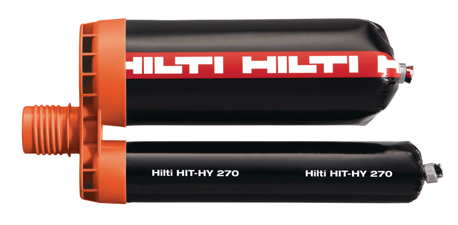 Cartouches de résine époxy noire Hilti HIT-HY 270 avec embout d'application orange, utilisées pour l'ancrage chimique dans le béton.