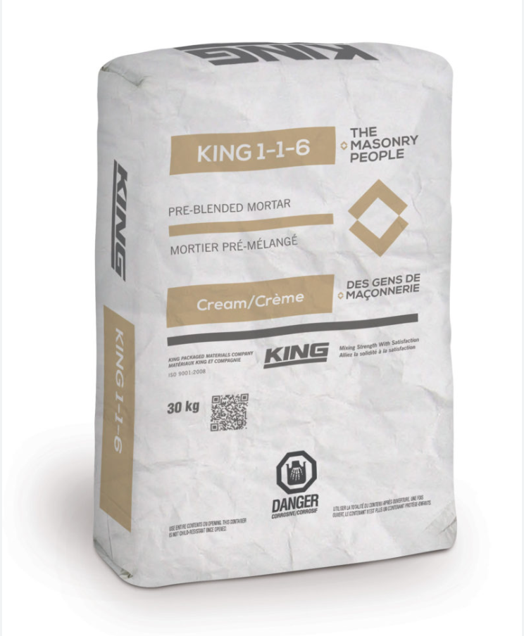 Sac de mortier pré-mélangé KING 1-1-6 couleur crème, 30 kg, de la marque KING (The Masonry People).