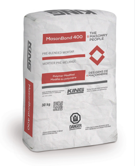 Sac de mortier pré-mélangé KING MasonBond 400 de 30 kg, modifié au polymère, destiné à la maçonnerie.