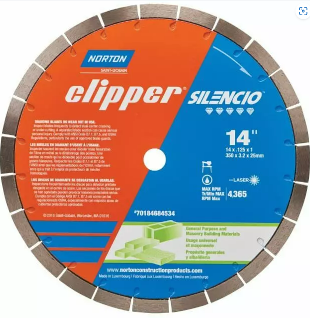 Lame diamantée Norton Clipper Silencio de 14 pouces (350 mm), conçue pour matériaux de construction et maçonnerie, arborant un design bicolore orange et bleu avec segments segmentés pour réduire le bruit, utilisation universelle.