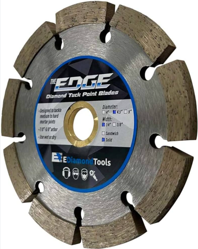 Lame diamantée circulaire pour meuleuse, conçue pour les joints de mortier, avec segments en relief, étiquette centrale bleue et grise de la marque The Edge – EDIamondTools.