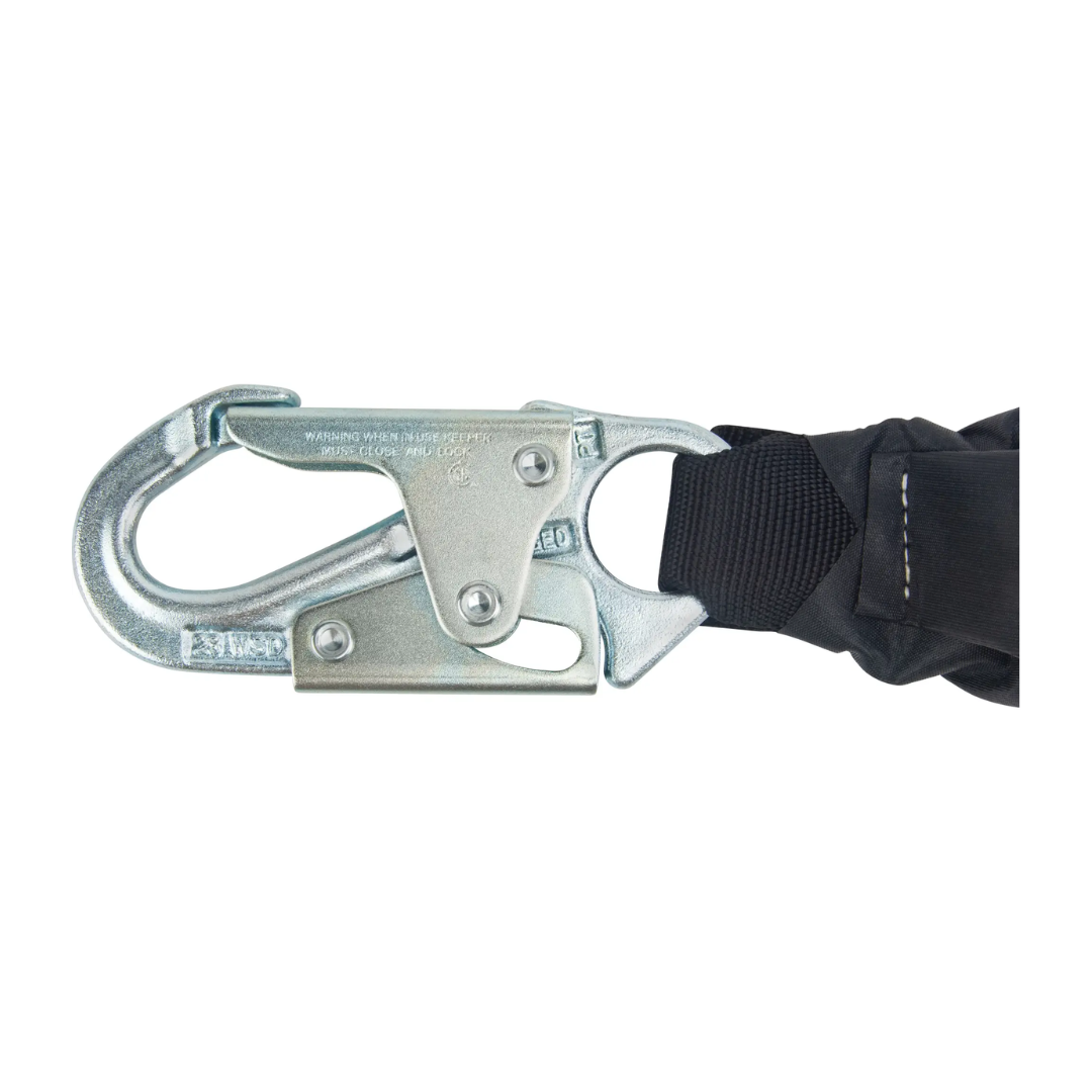 XPRS – Miller™ HPMC shock‑absorbing lanyard, 4 ft, locking rebar hook anchorage, locking leg carabiner, polyester