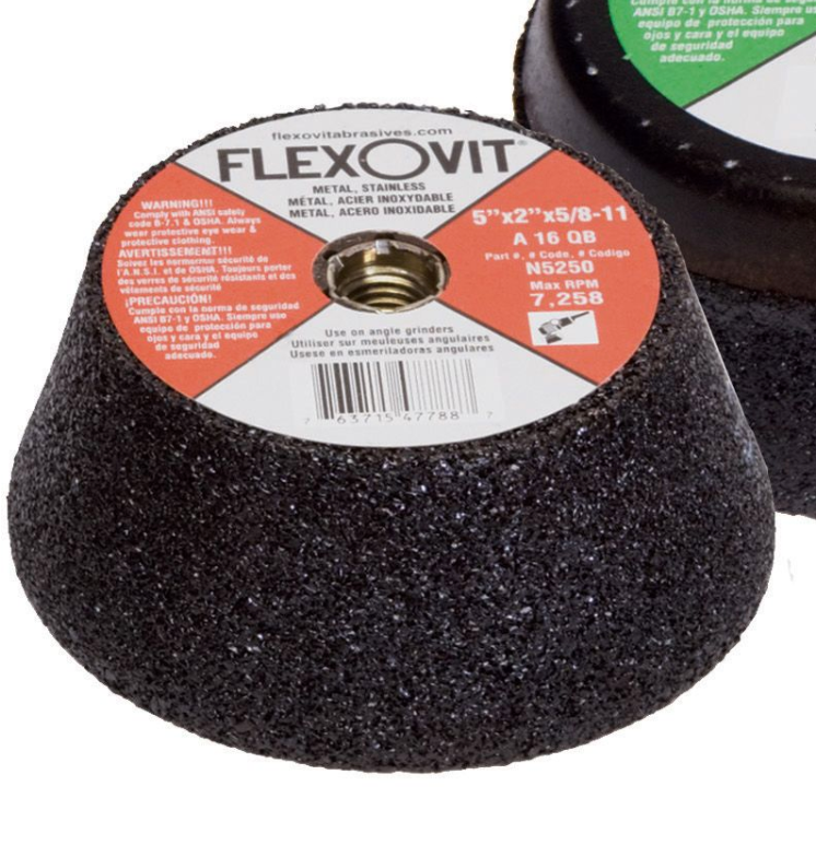 Meule conique Flexovit de 5" x 2" x 5/8"-11, grain A16, conçue pour le meulage intensif des métaux, incluant l’acier inoxydable, compatible avec meuleuses angulaires.
