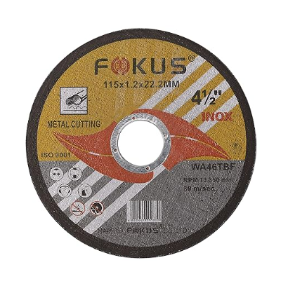 Meule à tronçonner circulaire 4 1/2 pouces pour métal inoxydable, label Fokus, 115x1.2x22.2 mm.