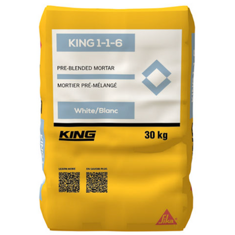 Sac de mortier pré-mélangé KING 1-1-6 blanc, 30 kg, marque KING du groupe Sika.