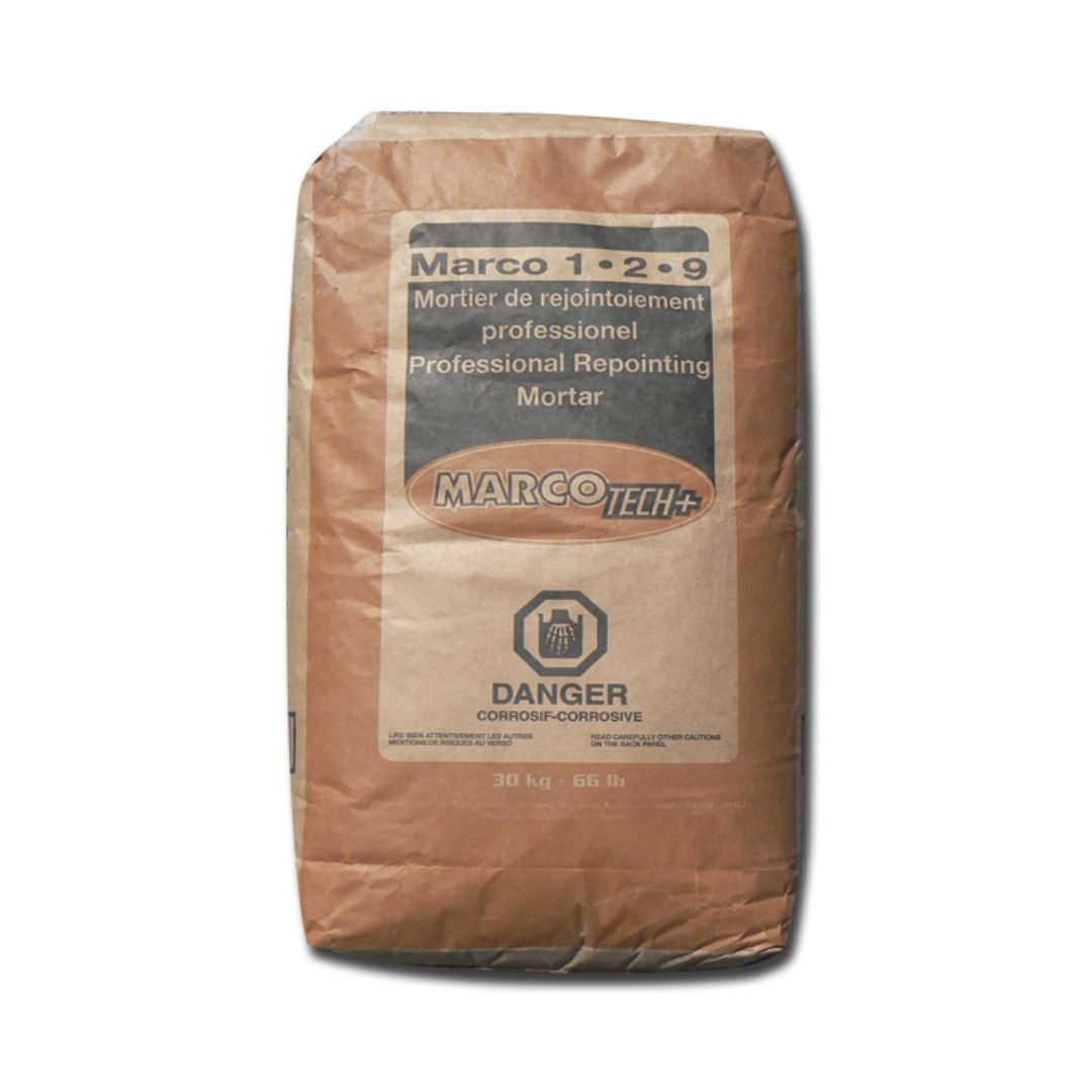 Sac de mortier professionnel Marco 1-2-9 beige avec étiquette grise et orange.
