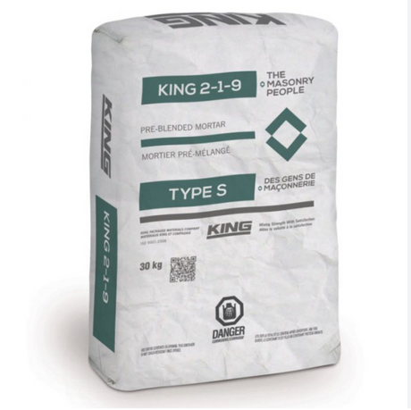 Sac de mortier pré-mélangé KING 2-1-9 de type S, 30 kg, avec inscriptions bilingues et logos de sécurité.