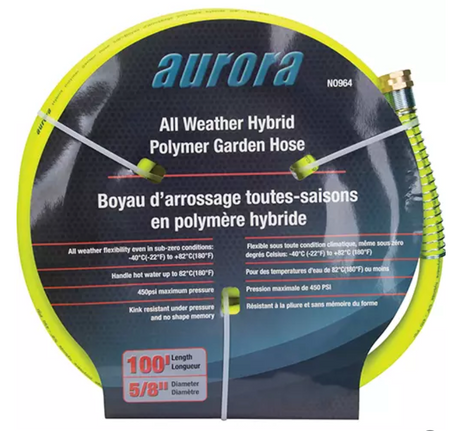 Boyau d’arrosage Aurora jaune en polymère hybride toutes-saisons, format 100 pieds de long et 5/8" de diamètre, étiquette bilingue affichant la résistance à des températures de -40 °C à 82 °C et une pression maximale de 450 PSI.