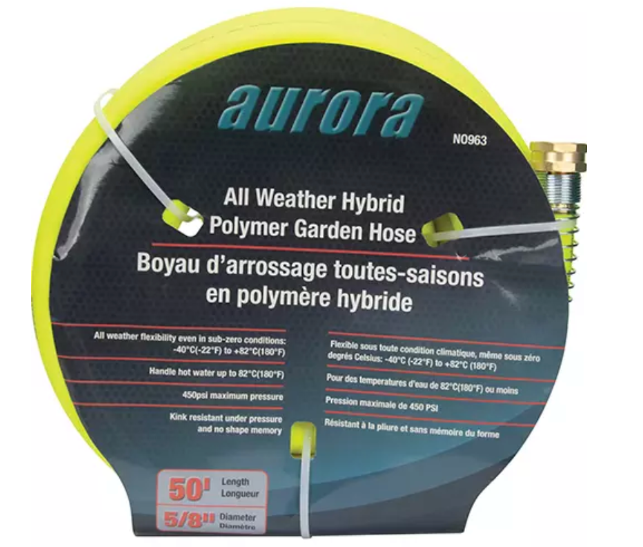 Boyau d’arrosage jaune Aurora en polymère hybride toutes-saisons, enroulé avec étiquette bilingue indiquant une longueur de 50 pieds (5/8" de diamètre), conçu pour des températures de -40 °C à 82 °C et une pression maximale de 450 PSI.