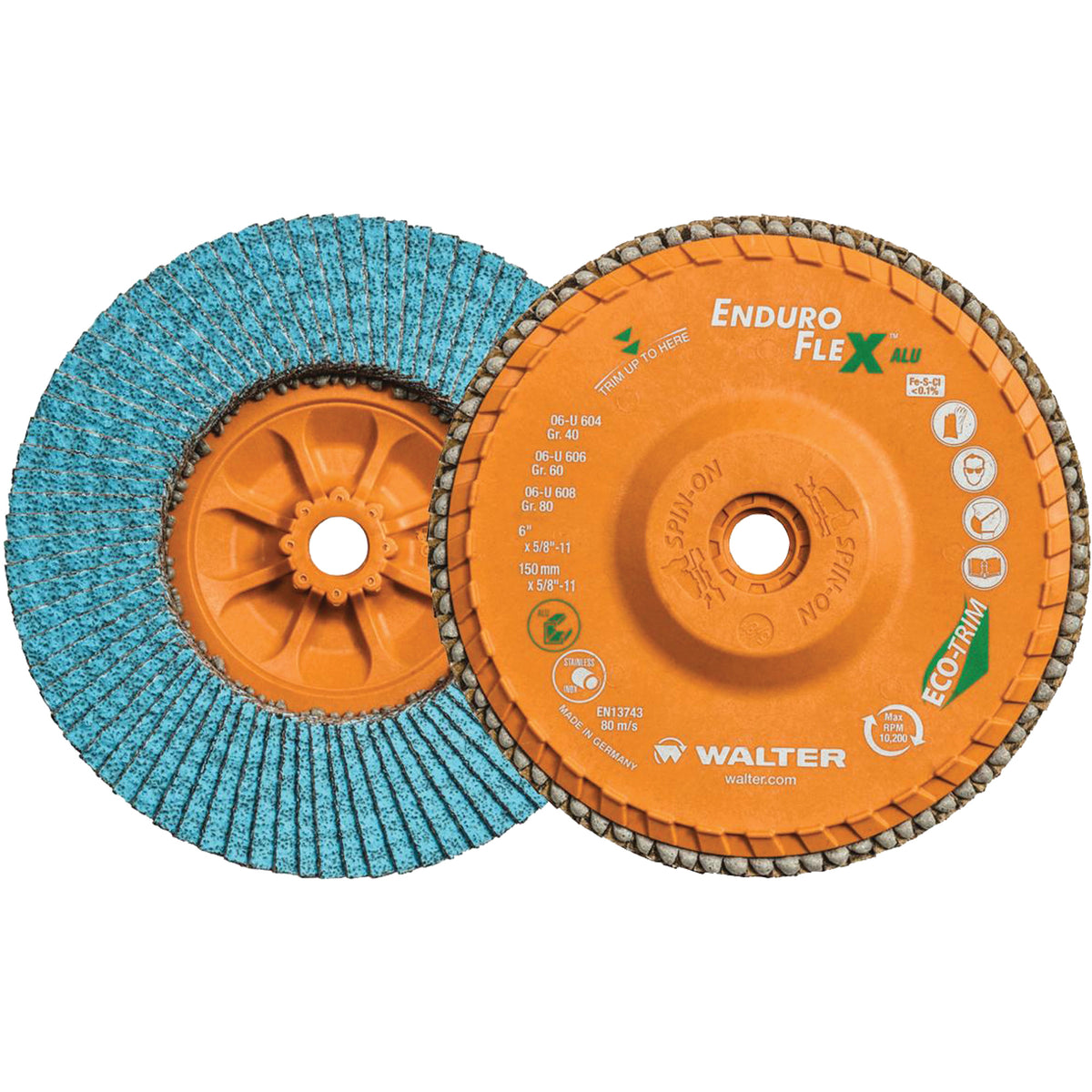 Walter Enduro-Flex Alu flap disc, 60 grit, 6 in., shown from both sides