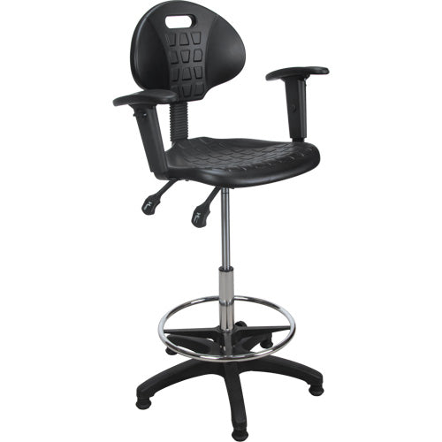 Tabouret ergonomique robuste avec accoudoirs réglables, Stationnaire, Ajustable, 39" - 48", Polyuréthane Siège, Noir - OR333