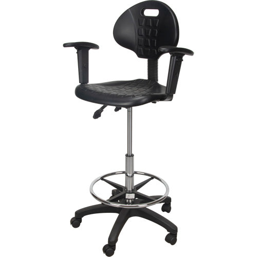 Tabouret ergonomique robuste avec accoudoirs réglables et roulettes en nylon, Mobile, Ajustable, 39" - 48", Polyuréthane Siège, Noir - OR334