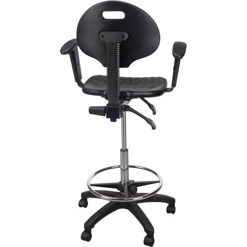 Tabouret ergonomique robuste avec accoudoirs réglables et roulettes en nylon, Mobile, Ajustable, 39" - 48", Polyuréthane Siège, Noir - OR334