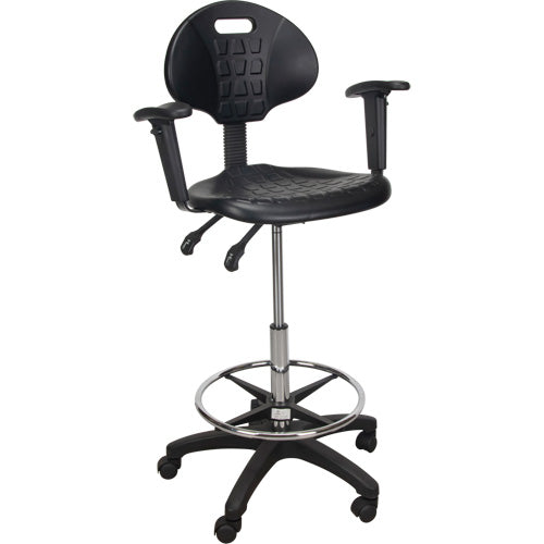 Tabouret ergonomique robuste avec accoudoirs réglables et roulettes en nylon, Mobile, Ajustable, 39" - 48", Polyuréthane Siège, Noir - OR334