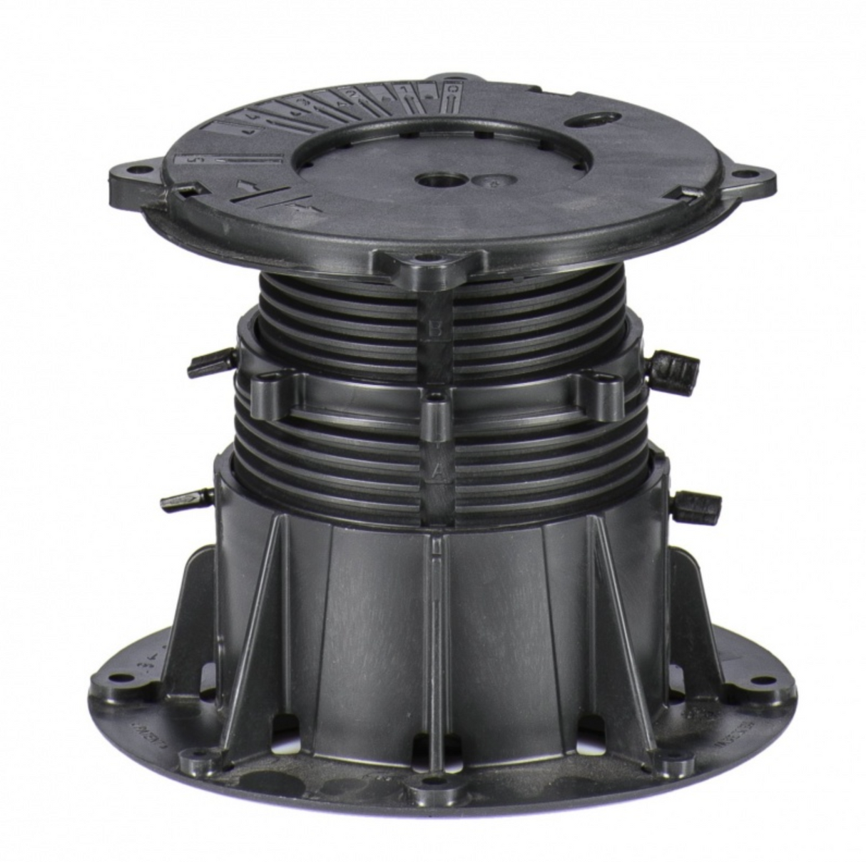 Plot de support en plastique noir ajustable, utilisé pour la surélévation de terrasses, planchers surélevés ou dalles extérieures.