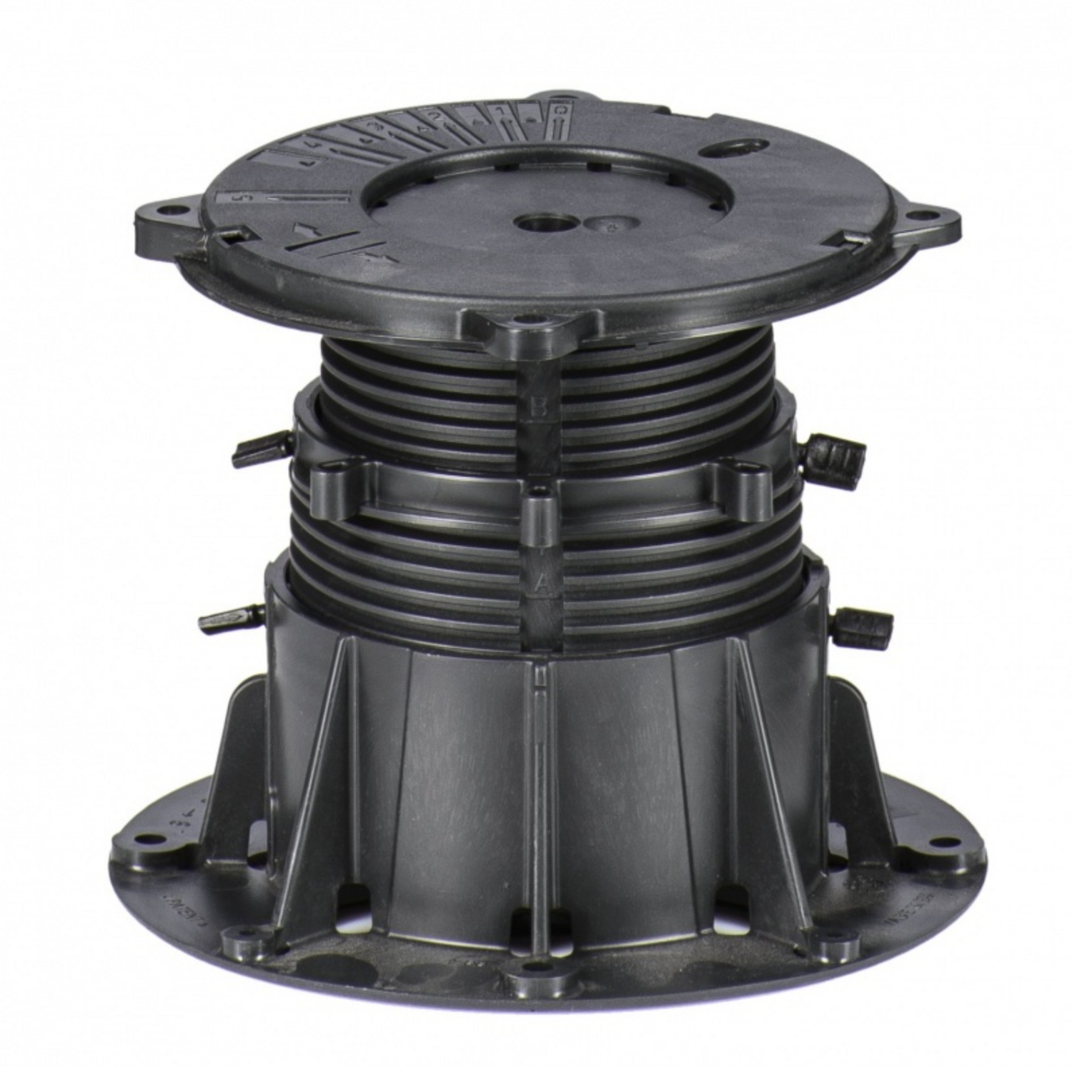 Plot de support en plastique noir ajustable, utilisé pour la surélévation de terrasses, planchers surélevés ou dalles extérieures.