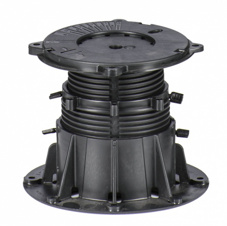 Plot de support en plastique noir ajustable, utilisé pour la surélévation de terrasses, planchers surélevés ou dalles extérieures.