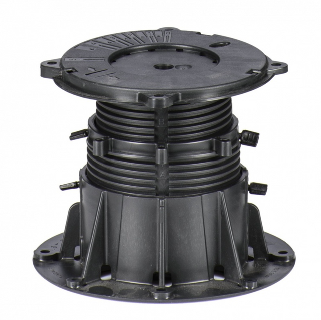 Plot de support en plastique noir ajustable, utilisé pour la surélévation de terrasses, planchers surélevés ou dalles extérieures.