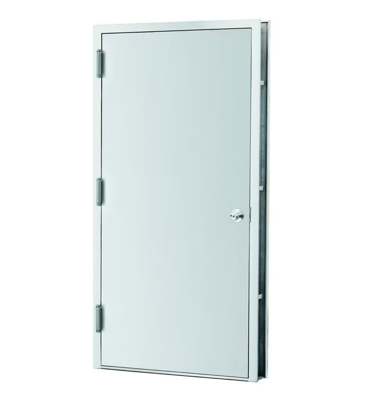 Porte d'accès en métal de couleur gris pâle, avec charnières visibles sur le côté gauche et poignée ronde sur la droite, conçue pour une installation murale intérieure.