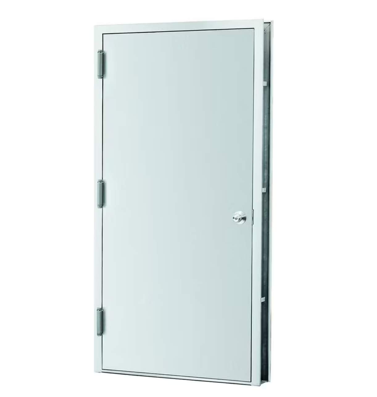 Porte d'accès en métal de couleur gris pâle, avec charnières visibles sur le côté gauche et poignée ronde sur la droite, conçue pour une installation murale intérieure.