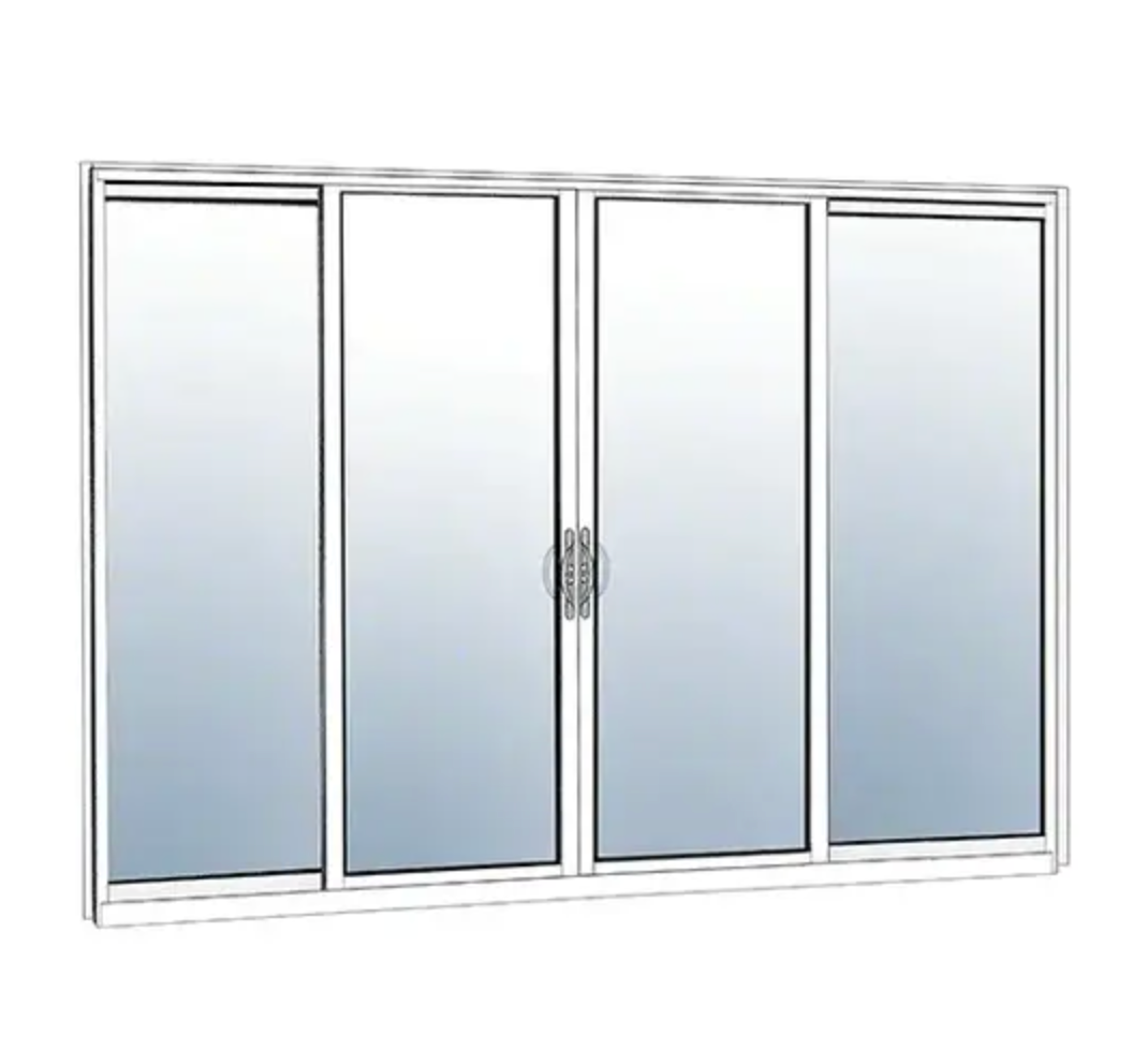Porte-patio coulissante à quatre panneaux vitrés, encadrement blanc en aluminium ou PVC, avec poignées centrales.