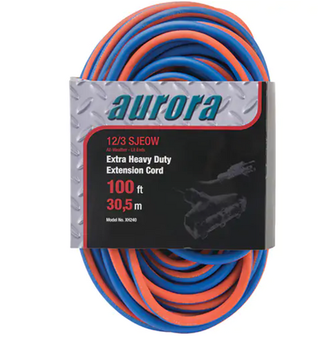 Cordon rallonge en caoutchouc TPE avec indicateur lumineux, toutes saisons, SJEOW, AWG 12/3, 15 A, 3 prises, 30,5 m.