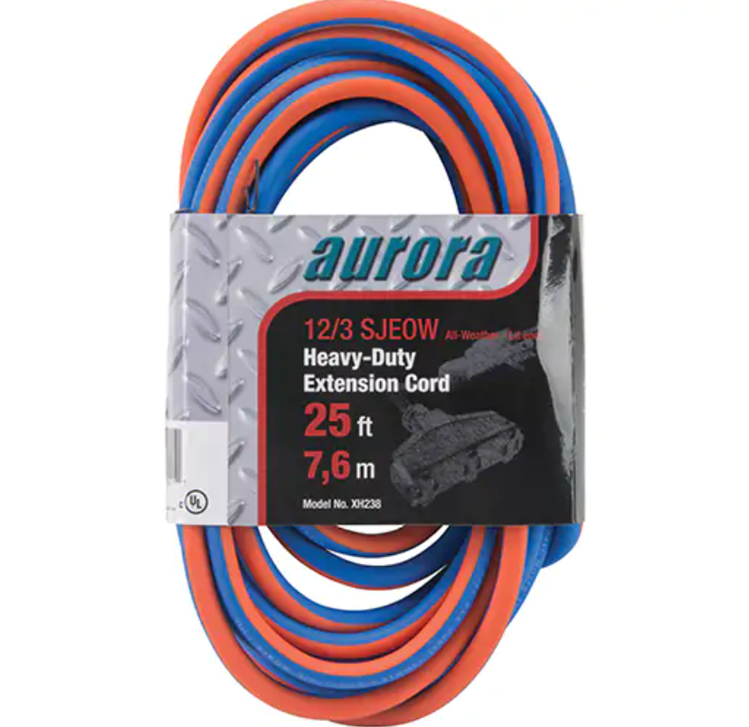 Cordon rallonge en caoutchouc TPE avec indicateur lumineux, Toutes saisons, SJEOW, AWG 12/3, 15 A, 3 prise(s) bleu/orange.