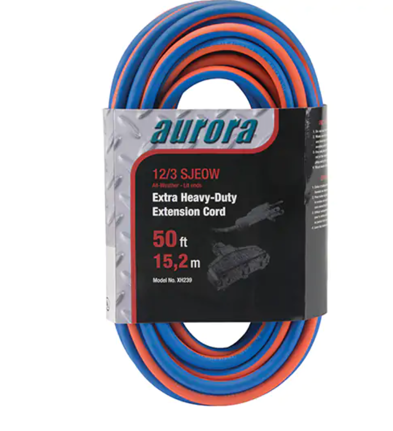 Cordon rallonge en caoutchouc TPE avec indicateur lumineux, Toutes saisons, SJEOW, AWG 12/3, 15 A, 3 prise(s) bleu et orange.