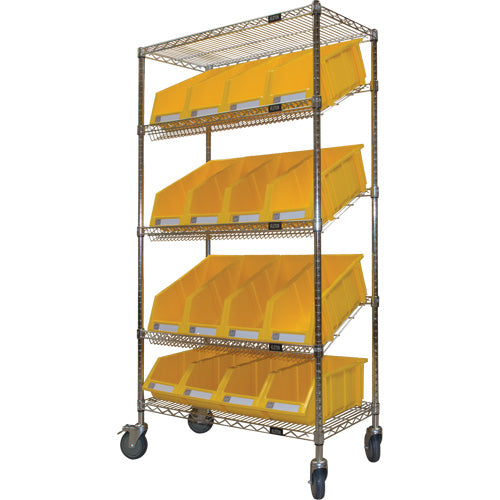 Chariot en treillis métallique à tablettes inclinées avec bacs, Tiers 5, 36" la x 69" h x 18" p - RN602