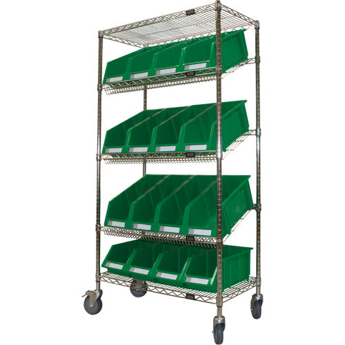 Chariot en treillis métallique à tablettes inclinées avec bacs, Tiers 5, 36" la x 69" h x 18" p - RN603