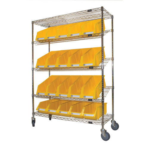 Chariot en treillis métallique à tablettes inclinées avec bacs, Tiers 5, 48" la x 69" h x 18" p - RN606