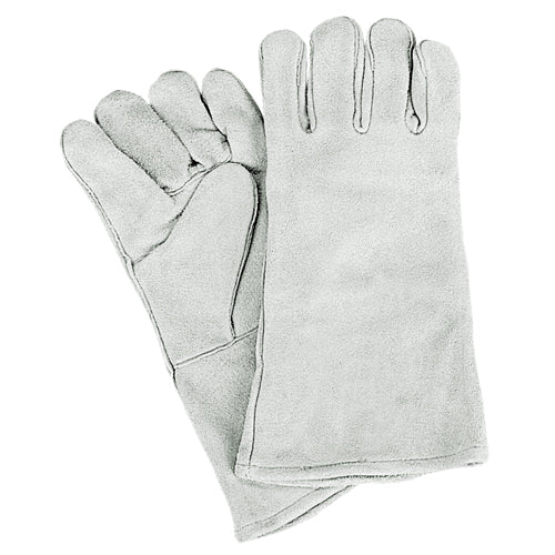 Paire de gants de soudage en cuir gris clair, longue manche protégeant les avant-bras.