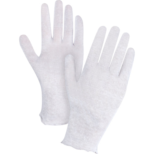 Lightweight poly/cotton inspection gloves with unhemmed cuff for general use