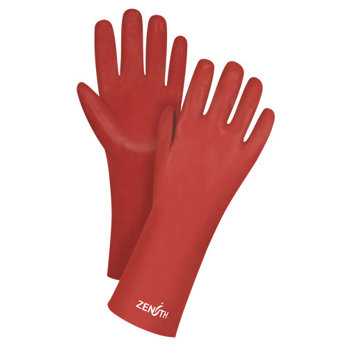 Gants rouges à fini doux résistants aux produits chimiques, Taille 9, 14" lo, PVC, Doublure en Interlock, Poids lourd - SEE805R