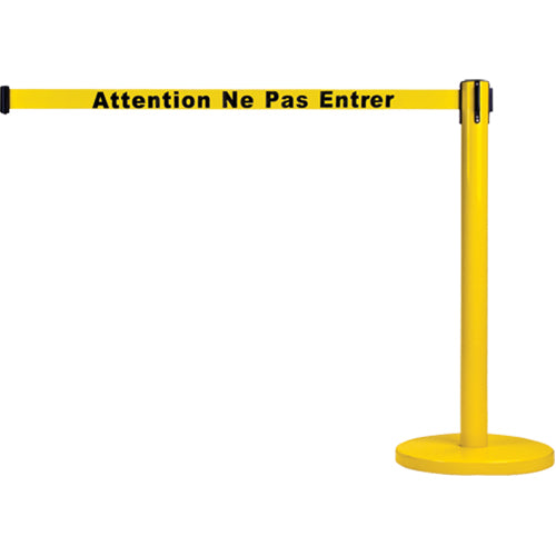 Barrière autonome pour le contrôle des foules, Acier, 35" h, Ruban Jaune, Longueur du ruban 7' - SEE818