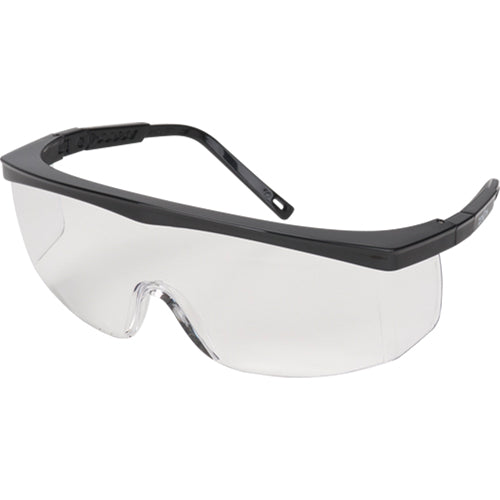 Lunettes de protection transparentes avec monture noire pour soudage.